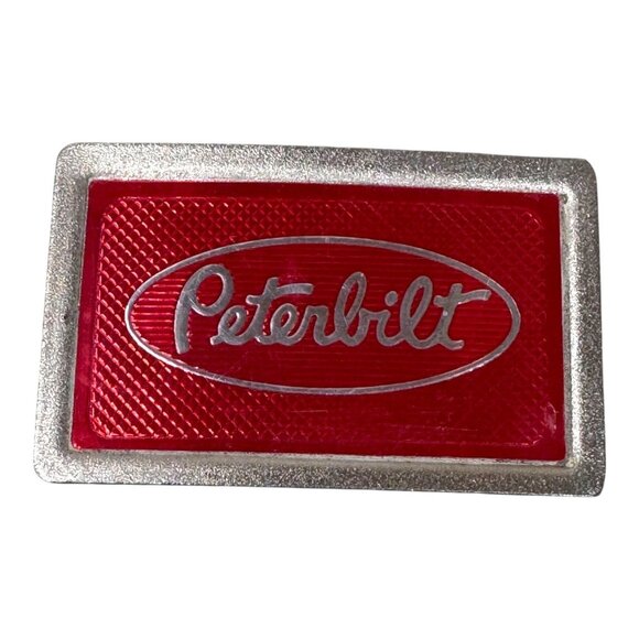 Vintage Peterbilt Chrome & Red Enamel Rectangle Belt Buckle Signed Fisher Retro - Picture 1 of 6